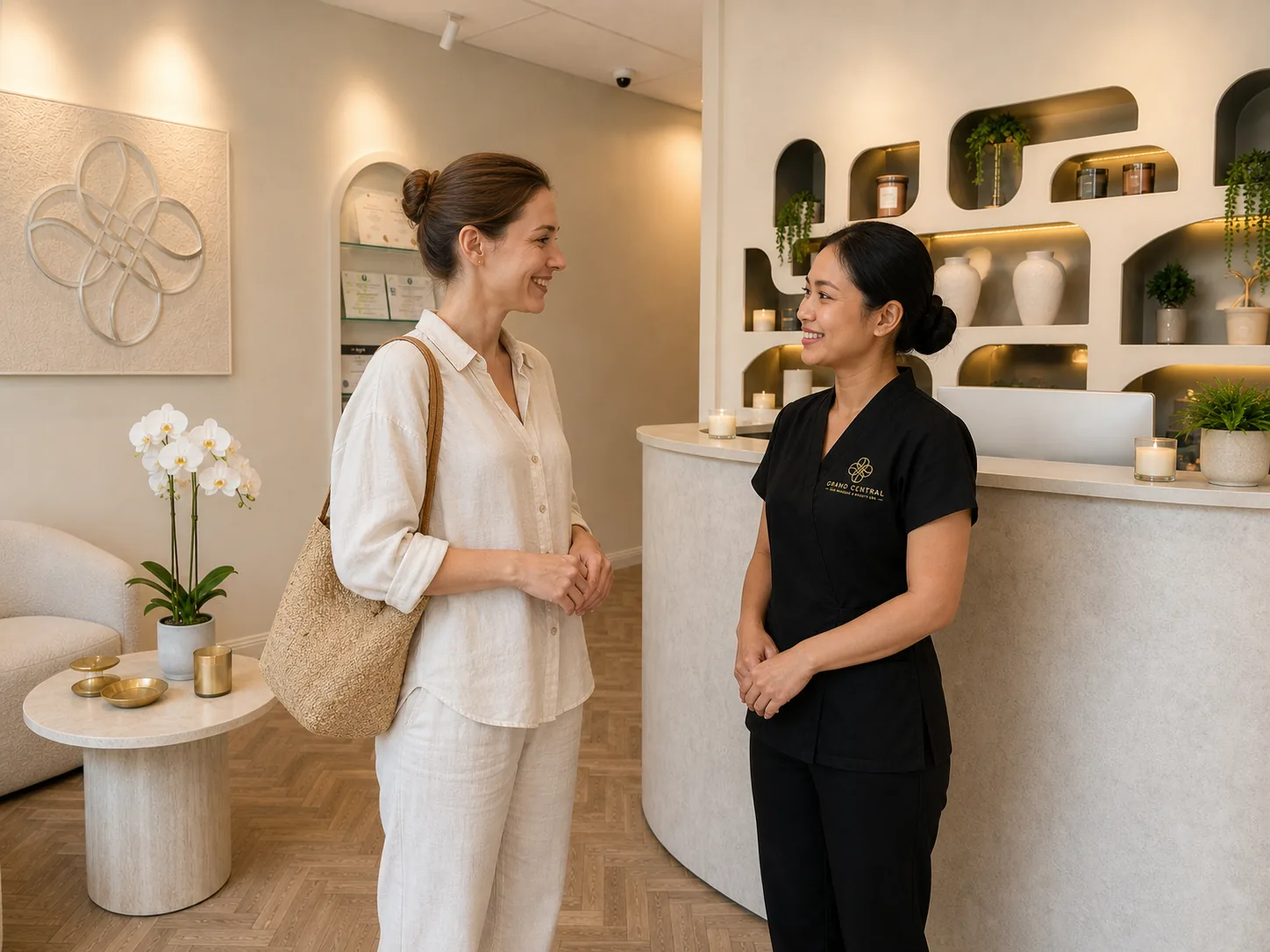 A happy guest speaking with a Grand Central therapist in the reception area