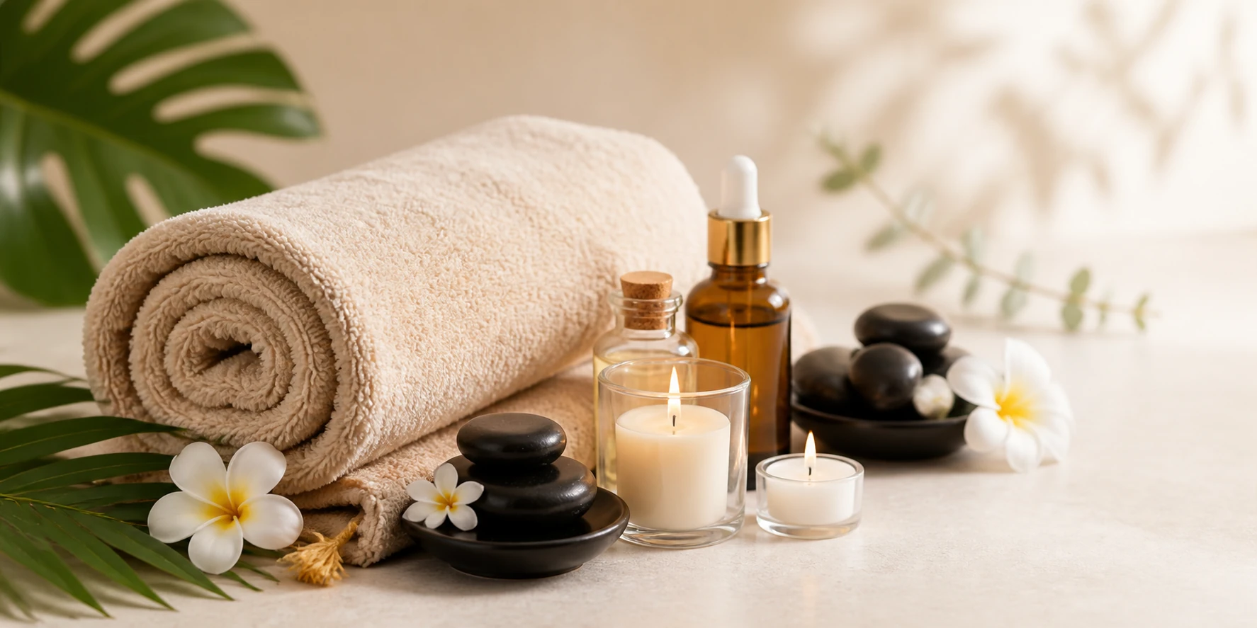 Spa towels, massage oils, candles, hot stones and flowers arranged for Grand Central packages