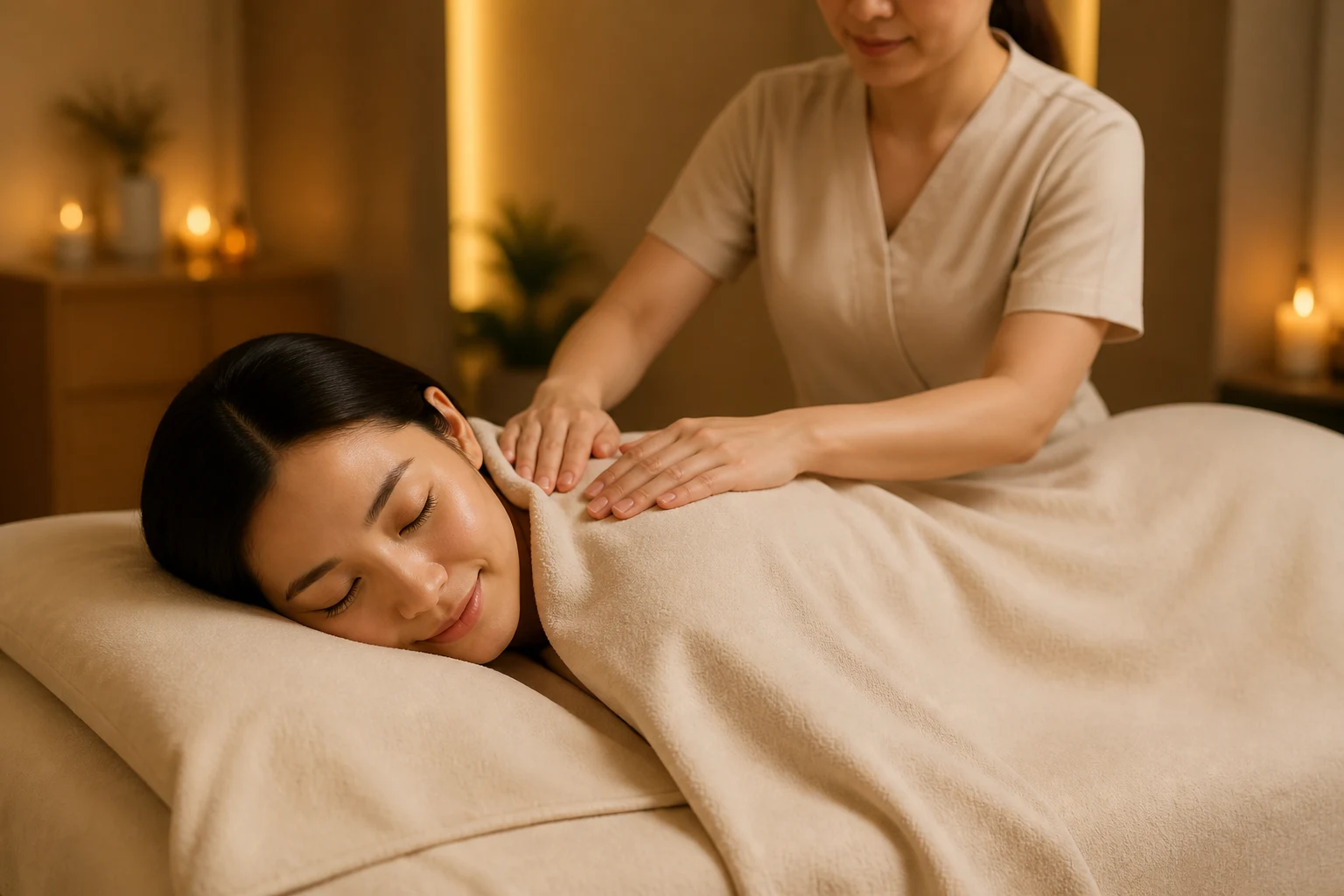 Guest relaxing during a calming massage treatment